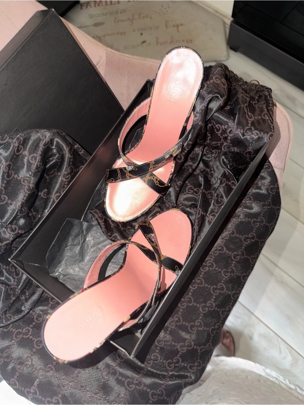 Gucci Black Monogram Strappy Slide Sandals with Pink Footbed